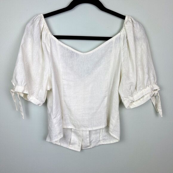 Express Puff Tie Sleeve Button Front Corset Crop Top White Cream Linen Womens M - Picture 2 of 7